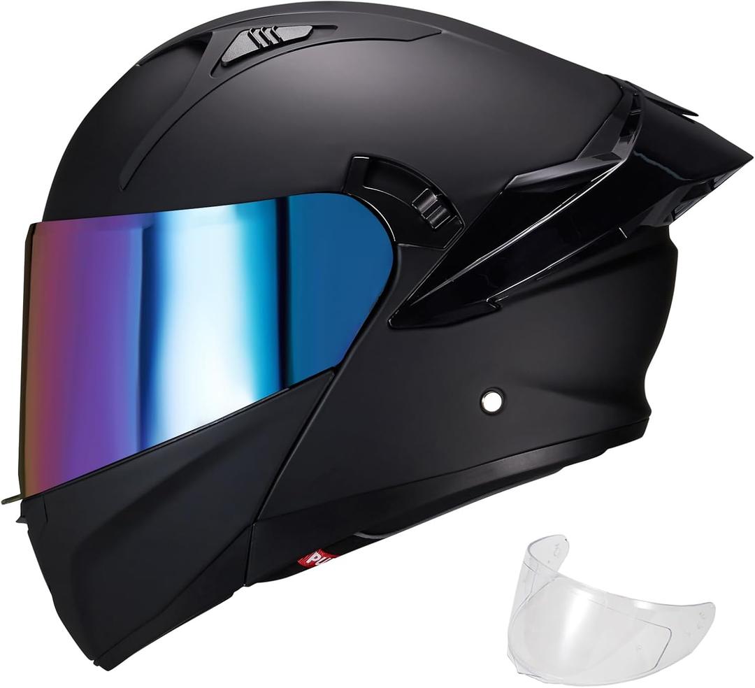 Modular Motorcycle Helmet Dual Visor Flip Up Full Face Helmets SJ-809 DOT Approved for Adults Men Women (Matte Black-Rainbow Visor, L)