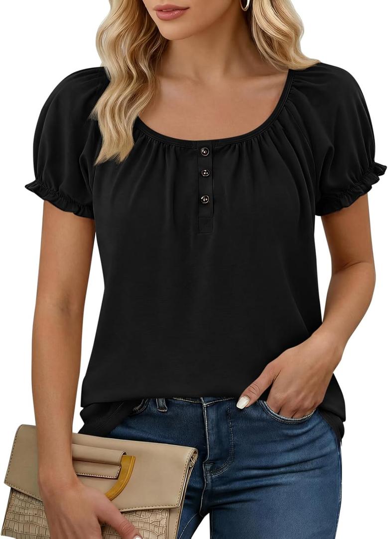 Womens Short Sleeve Shirts Puff Ruffle Sleeve Scoop Neck Pleated Henley Tops Summer Casual Loose Fit T-Shirts (Black, XL)