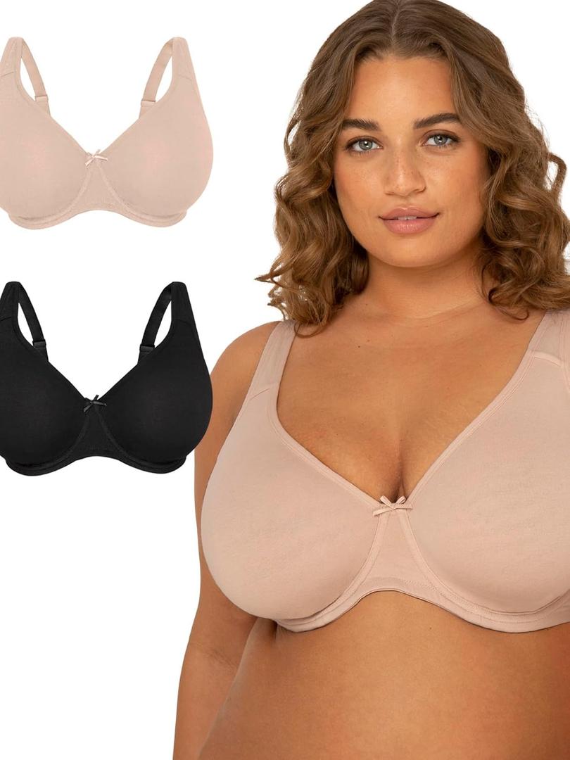 Fit For Me By Fruit of the Loom Women's Plus Size Cotton Unlined Underwire Bra-Pinch-Free Straps - Side and Back Smoothing (46DD, Sand/Black Hue)