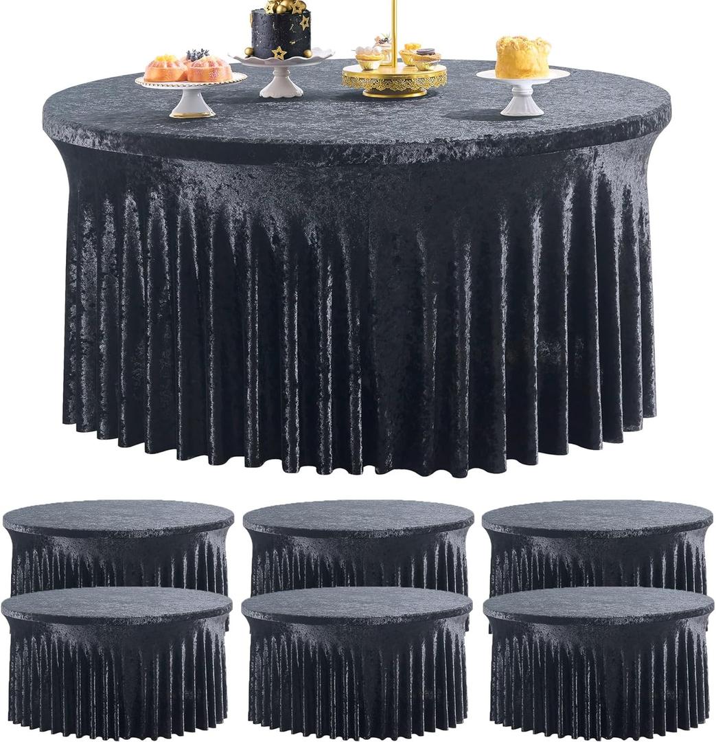 6 Pack Black Velvet Round Tablecloths for 60 inch Table, Wrinkle Free Stretchy 120 inch Spandex Fitted Round Table Cloths Covers Washable Clothes for Wedding Birthday Parties Banquet