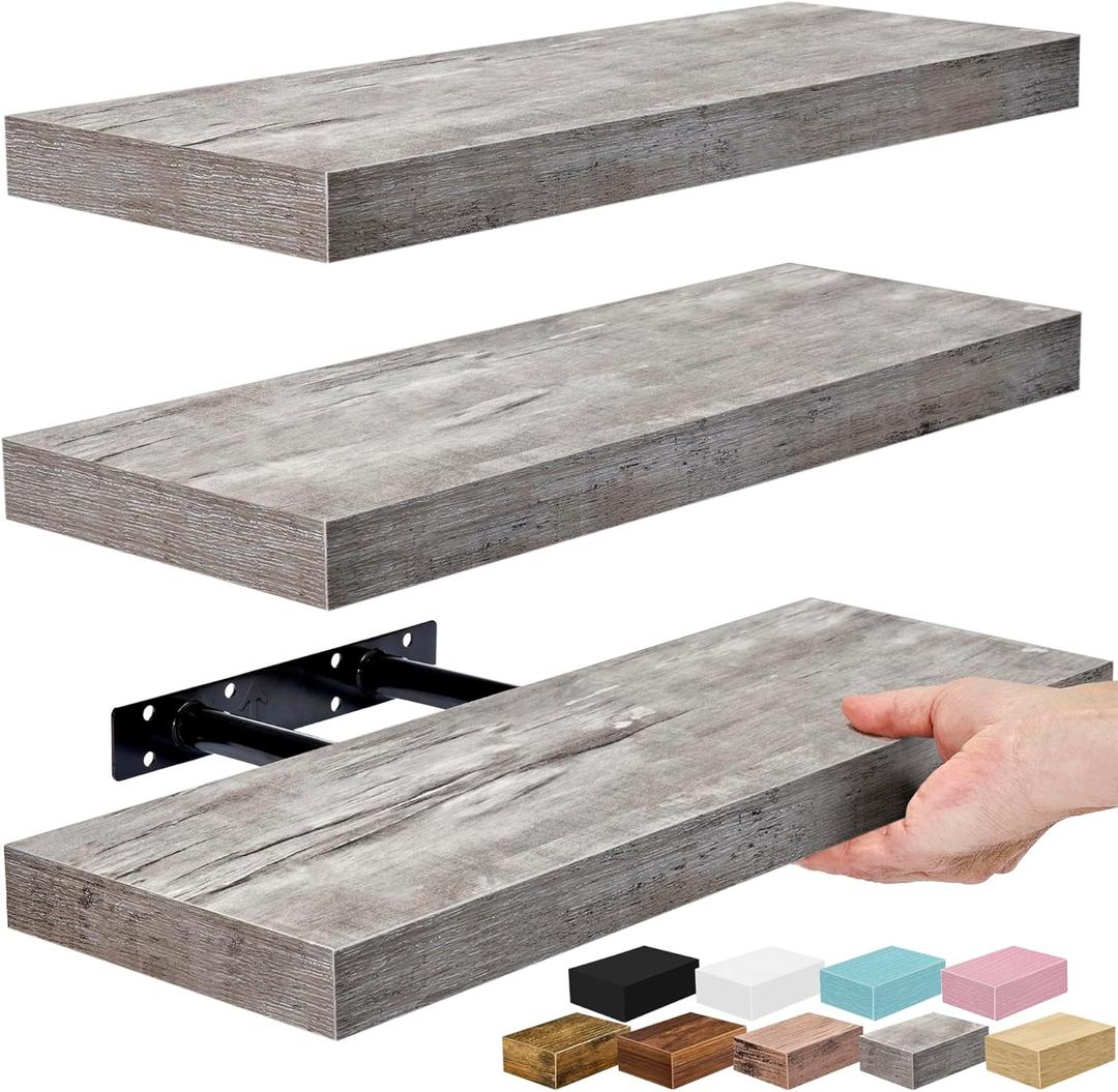 Sorbus Floating Shelves for Wall  16 Inch Floating Shelf for Kitchen, Bedroom, Living Room, Bathroom, Home & Wall Decor - Mounted Bathroom Shelves with Invisible Brackets (Grey, 3 Pack)