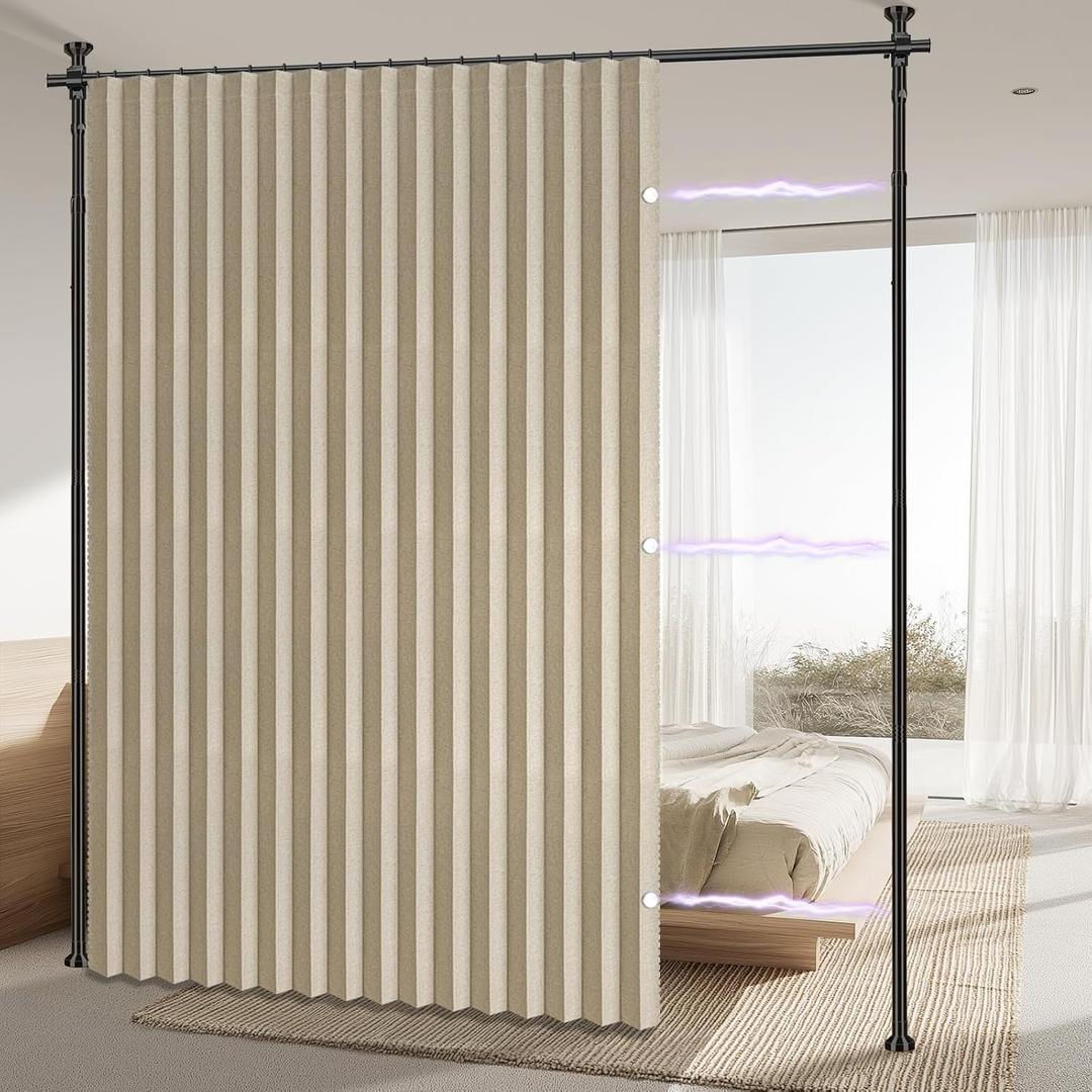 AJAZZ Room Divider Curtain (Beige, W100 x L84 in, 1 Panel)+ Curtain Rods No Drilling Adjustable Tension (H) 43-120(W) 35-100 in, Heavy Duty Wall Divider for Apartment/Dorm