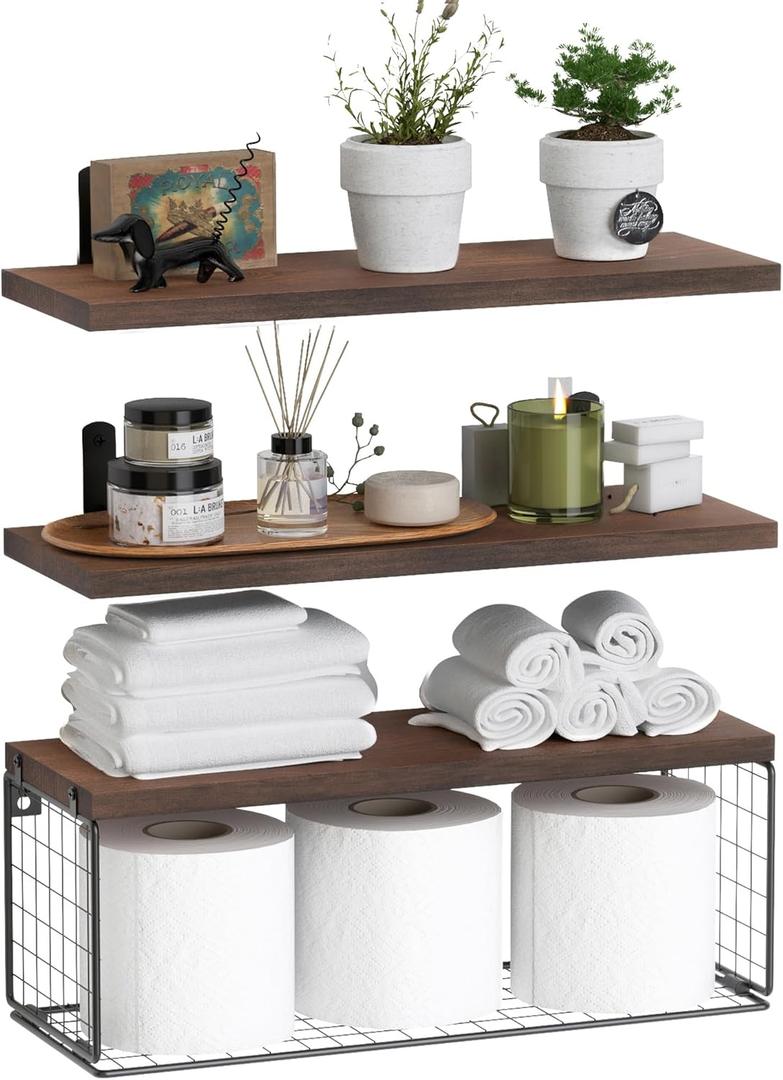 WOPITUES Bathroom Shelf Over Toilet, Floating Bathroom Shelf Wall Mounted with Wire Basket, Floating Shelf for Wall Dcor-Rustic Brown (16.5inch, Rustic Brown)