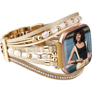 Leather Beaded Bracelet Compatible with Fitbit Versa 4/Versa 3 Bands/Sense 2/Sense Bands for Women Men, Cute Handmade Multilayer Wrap Boho Strap for Fitbit Smartwatch (Pink/Black/Silver/Beige)