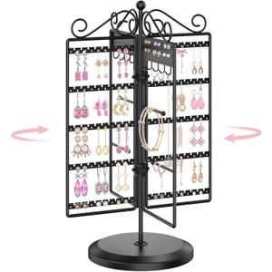 MODOWEY Rotating Jewelry Holder Organizer Stand, 250 Hole and Groove Stud Dangle Earring Display Metal Rack, 10 Hook Necklace Tree for Bracelet Ring Storage, Compact Multi-Use Tower for Women, Black