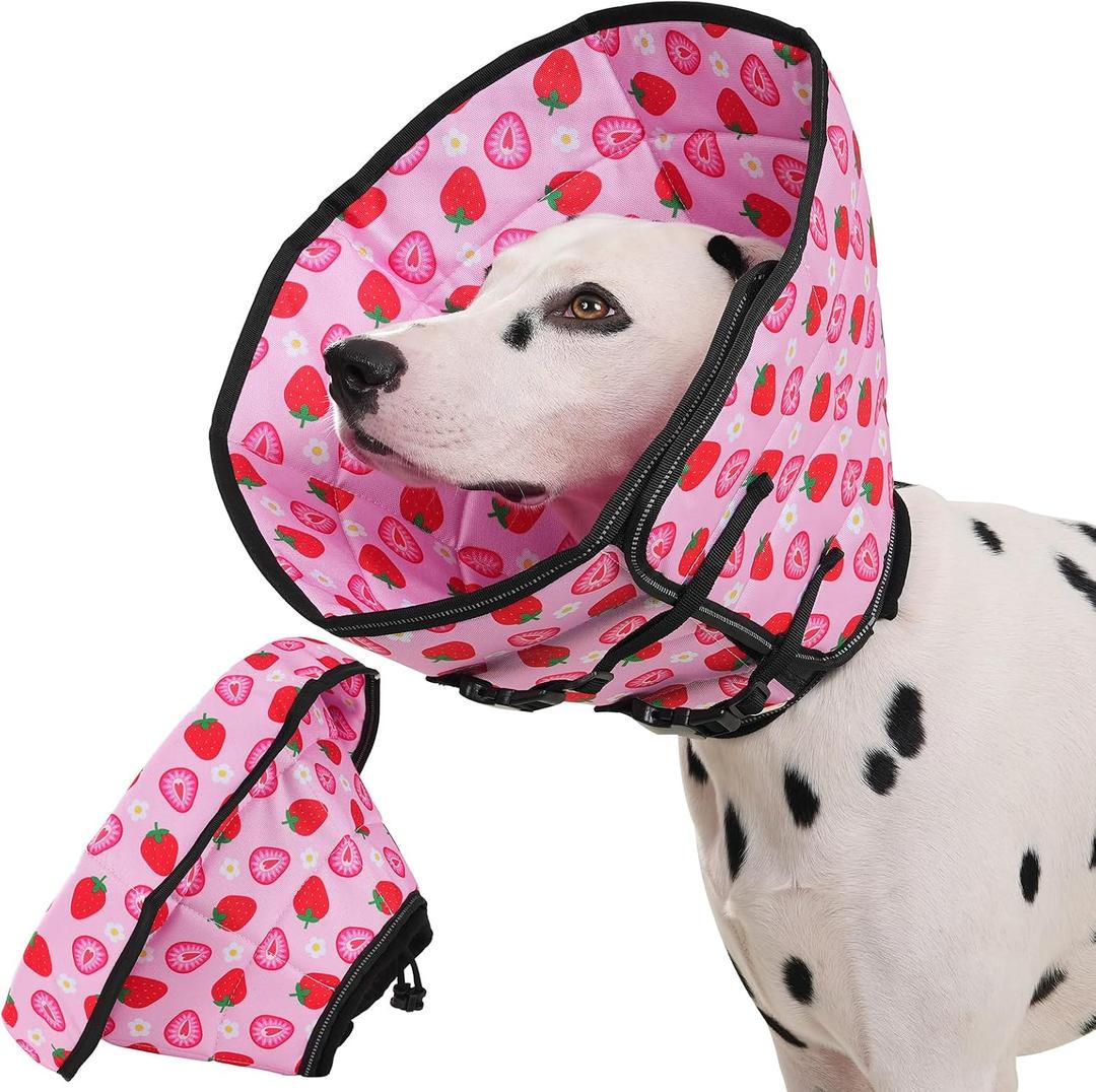 Avont Dog Cone Alternative, Adjustable Soft Comfy Foldable E Cones for Medium Large Dogs After Surgery, Escape-Proof Elizabethan Collar for Surgical Wound Recovery Stop Licking -Strawberry(S)