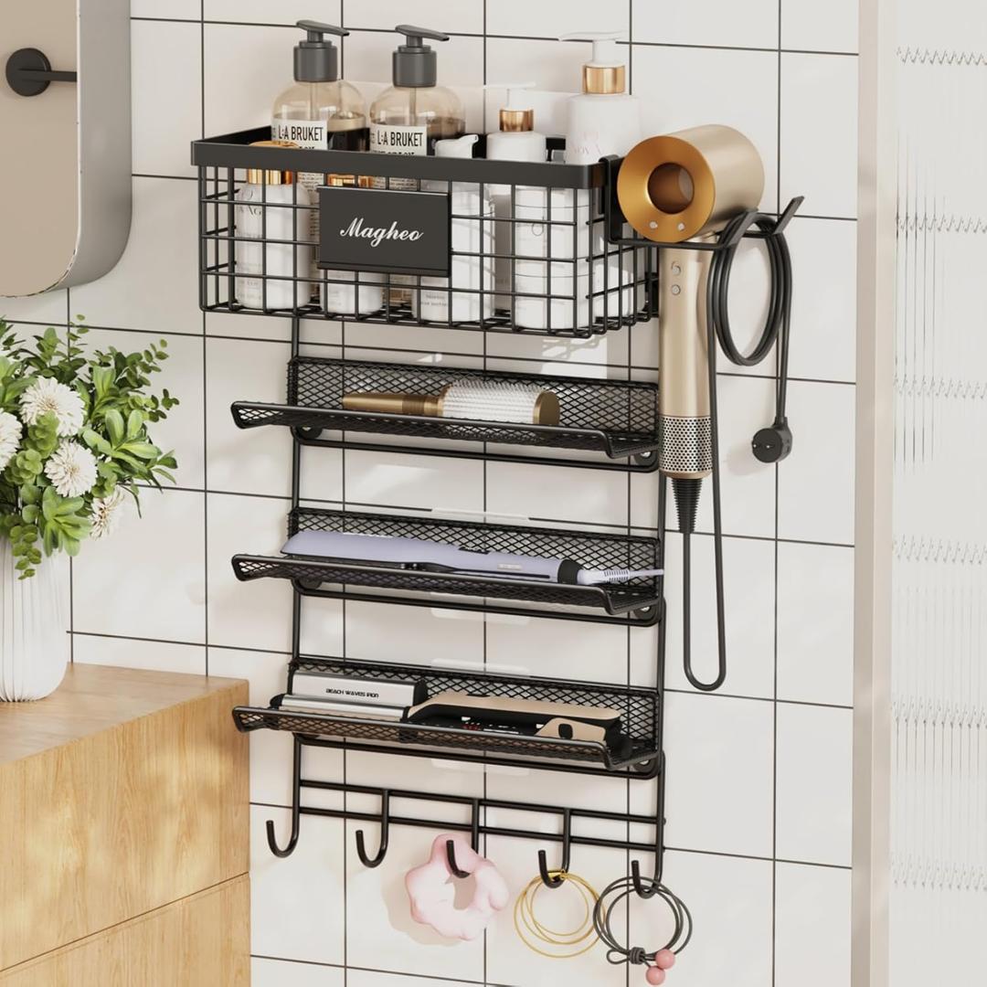 Hair Dryer Holder Wall Mounted, Adheisve Hair Styling Tool Organizer for hair Brush/Appliance Wall Mount with 5 Tier Shelf Basket Hooks Blow Dryer and Straightener Holder for Bathroom(Black)