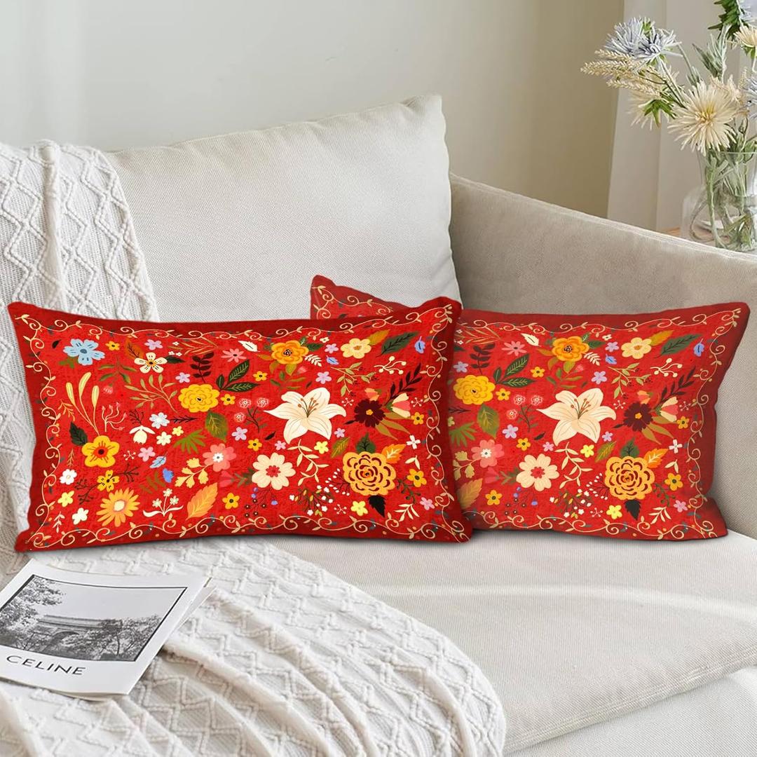 Floral Pillow Covers 12x20 Set of 2,Farmhouse Floral Pillow Covers Decorative Double Sided Pattern Cushion Cover Soft Pillow Case for Living Sofa Room Bed Porch Patio Square Pillow Cover (Red)