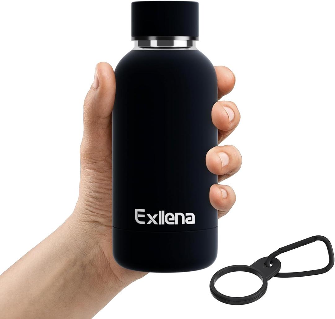 Exllena Small Water Bottle 12oz with Clip, Double Wall Stainless Steel Vacuum Small Insulated Water Bottle Keeps Drinks Cold 24 Hrs/Hot 12 Hrs for Kids Handbag School BPA Free (Black) (11.8 Ounces)