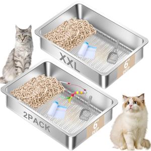 2 Pack Stainless Steel Sifting Litter Box, Sifting Cat Litter Box for Wood Pine Pellets,Extra Large XL Sifter Litter Pan System with Litte Liners and Scoop-23.6''L x 15.7''W x 6''H