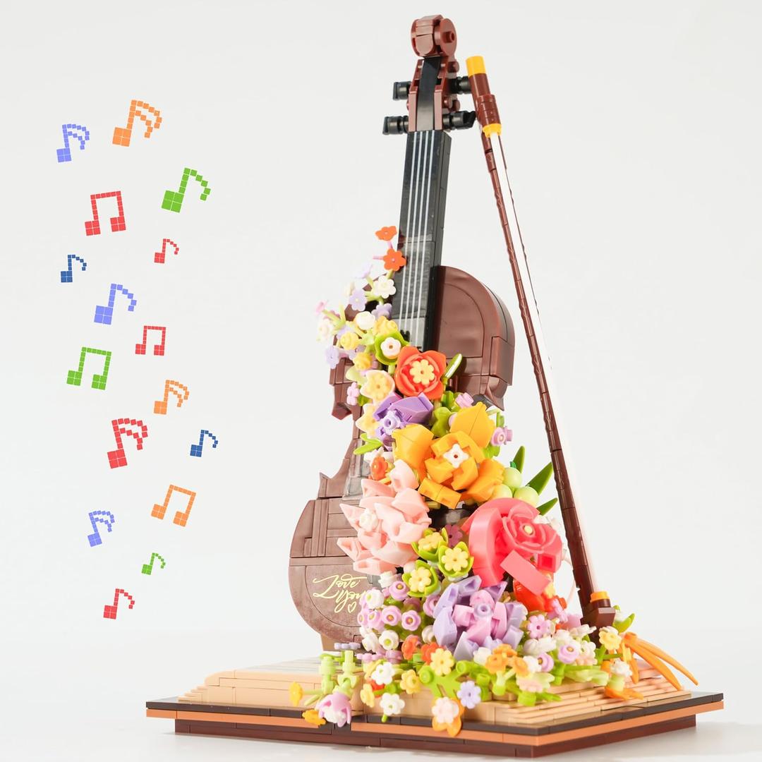 Flower Bouquet Violin Building Blocks Set, 950PCS Music Instruments Bricks Set, Gifts for Adults and Kids