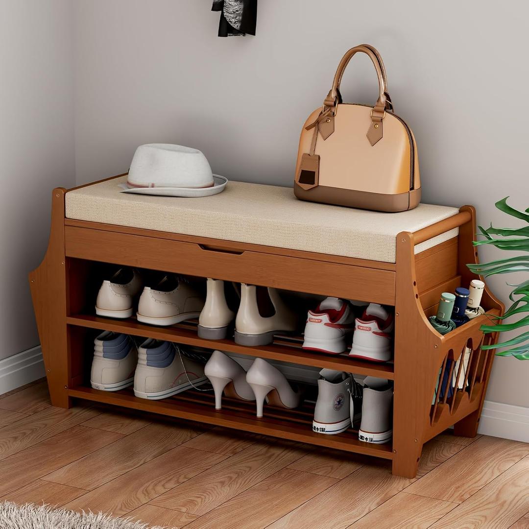 34.3in Shoe Bench, Bamboo 3-Tier Entryway Bench with Storage, Shoe Rack Organizer Holds Up to 330 lb, 34.3 x 11.8 x 18.9 Inches for Entryway Bedroom Closet Living Room Hallway (Nut-brown)