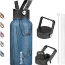 BJPKPK Insulated Water Bottles with Straw Lid, 27oz Stainless Steel Water Bottle with 3 Lids, Leak Proof BPA Free Metal Thermos, Mugs, Tumblers, Keep Cold Hot - Wood Prussian Blue