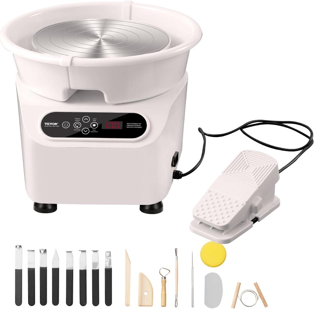 VEVOR 25CM Pottery Wheel for Adults Beginners, Direct Drive Ceramic Pottery Wheel with LCD Touch Screen Foot Pedal 50-300RPM Adjustable Speed, 350W Electric Wheel for Pottery Art Craft DIY, White