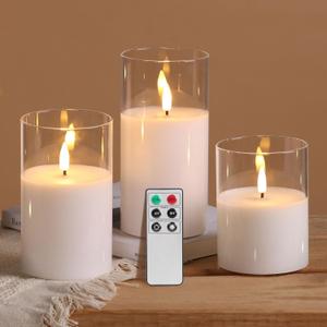 Eywamage Clear Glass Flameless Candles with Remote Timer, Flickering Battery LED Pillar Candles Set of 3