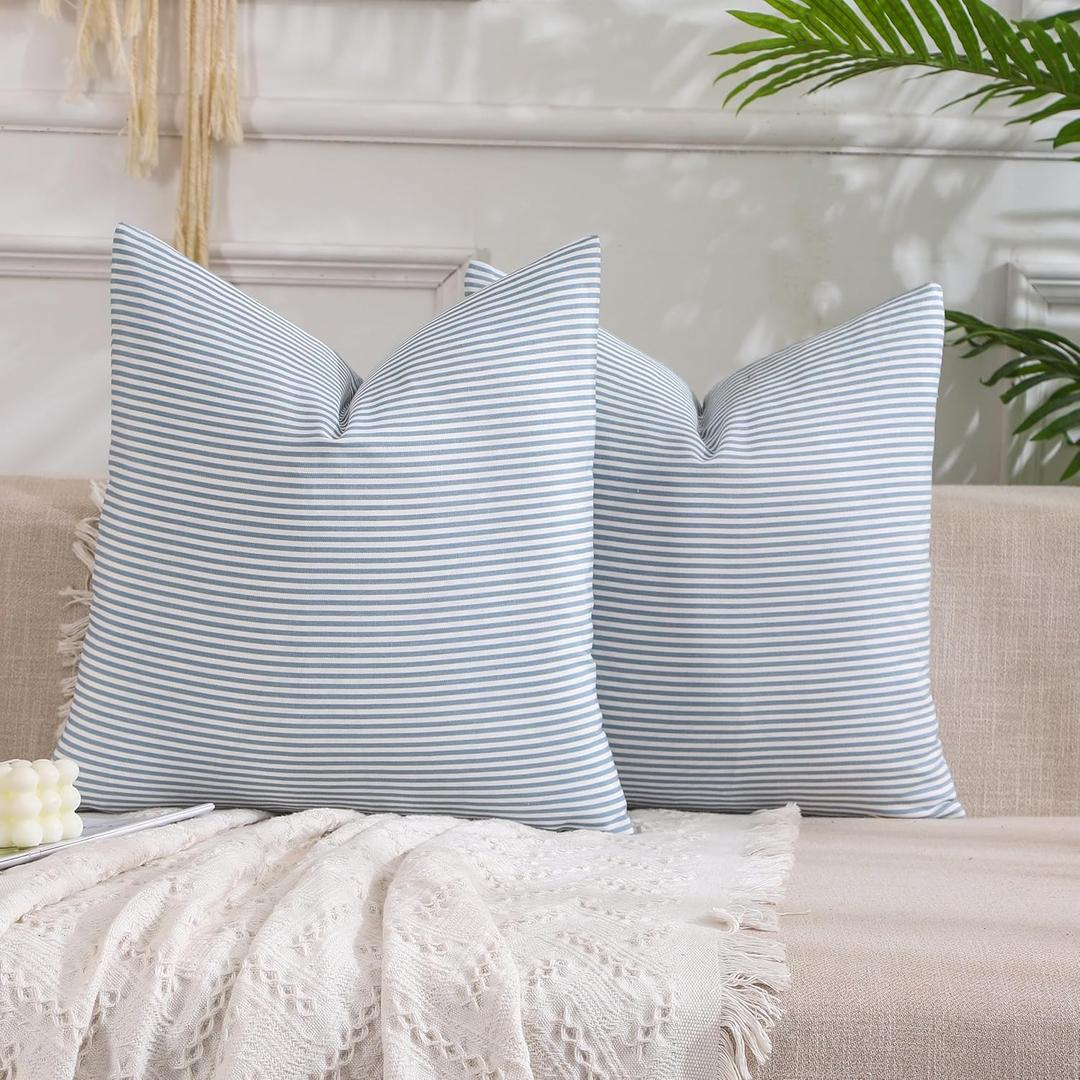 CARRIE HOME Light Blue Boho Striped Pillow Covers 18x18 Farmhouse Outdoor Pillow Covers Blue Room Decor for Couch Sofa Bedroom Set of 2