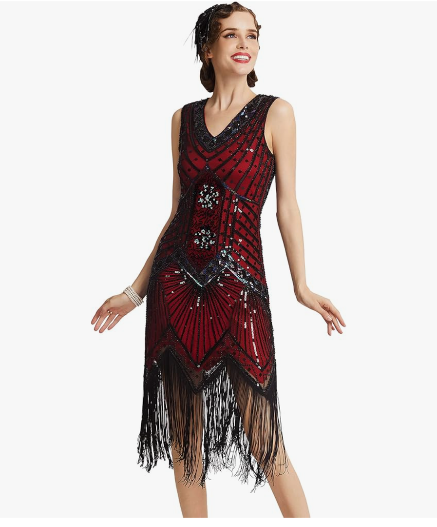 BABEYOND Women's Flapper Dresses 1920s V Neck Beaded Fringed Great Gatsby Dress, L