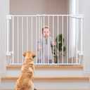 Cumbor 29.2-43" No Bottom Bar Baby Gate for Stairs, 2-in-1 Auto Close Dog Gate Indoor, Hardware Mounted Pet Gate for Doorways with Large Walk Thru Door, Child-Proof Safety Gate for Kids (White)