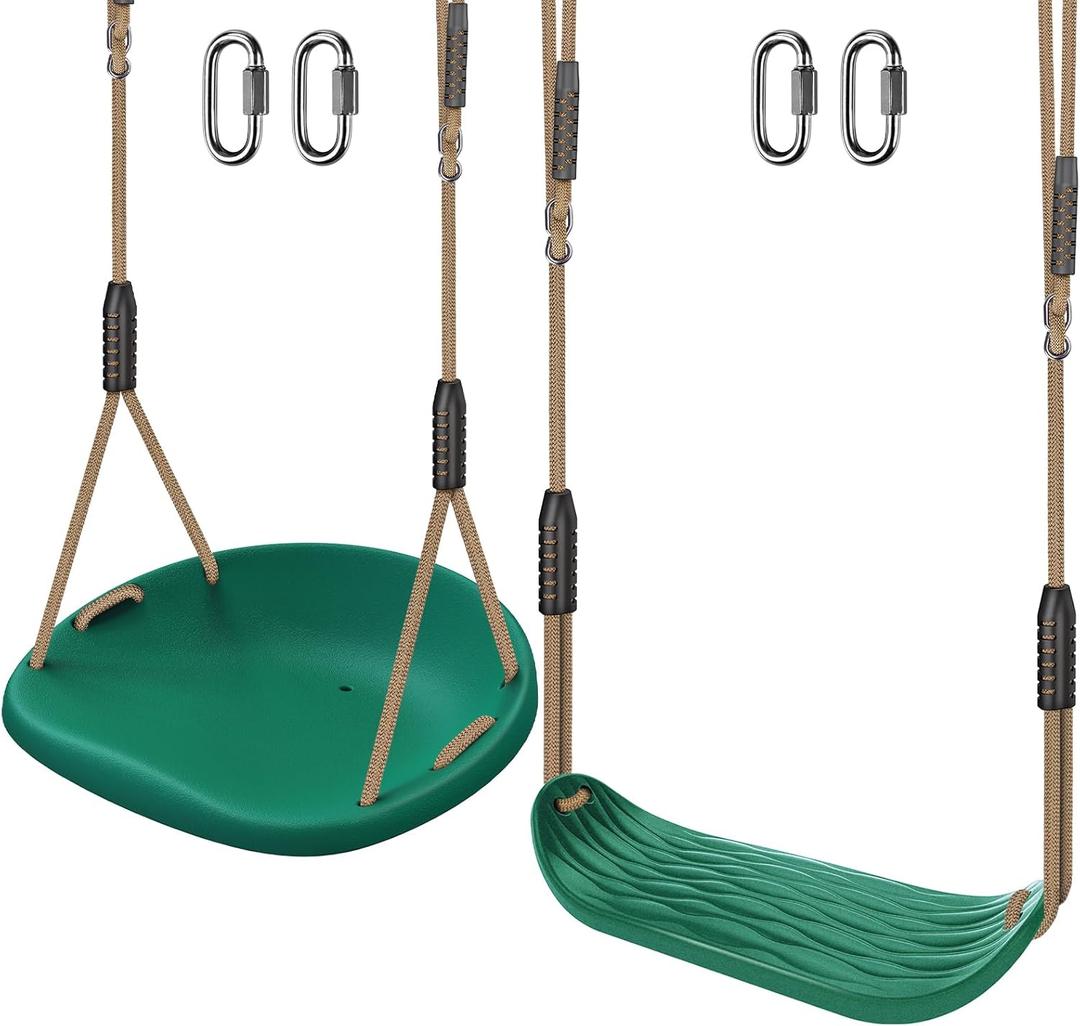 SELEWARE 2 Pack Heavy Duty Plastic Swing Seats with Adjustable Rope & Quick Connect, Replacement Swing Set Accessories for Kids and Adults, Indoor/Outdoor Backyard Playground Tree Swing, Green