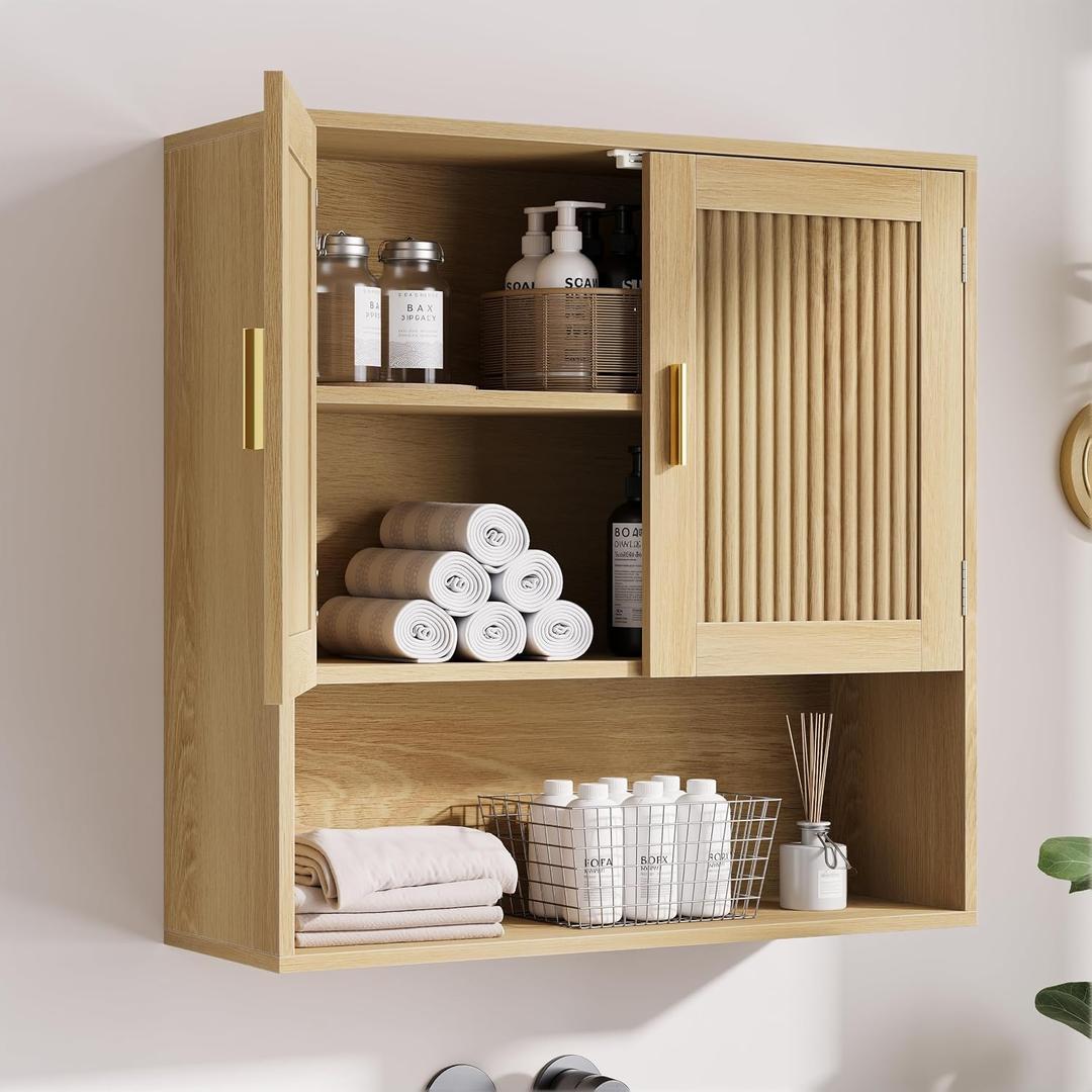 Smuxee Bathroom Cabinet Wall Mounted, Wooden Medicine Cabinet with Fluted Doors & Adjustable Shelf, Bathroom Cabinet for Bath Room, Living Room, Laundry Room, Small