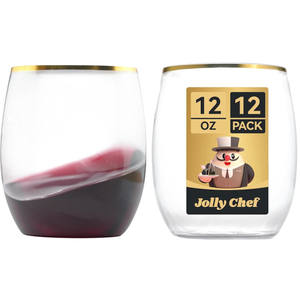 JOLLY CHEF 16 Pack 12oz Gold Plastic Wine Glasses Stemless, Disposable Wine Cupsty, Disposable Plastic Wine Cups for Party, Halloween, Christmas, Thanksgiving