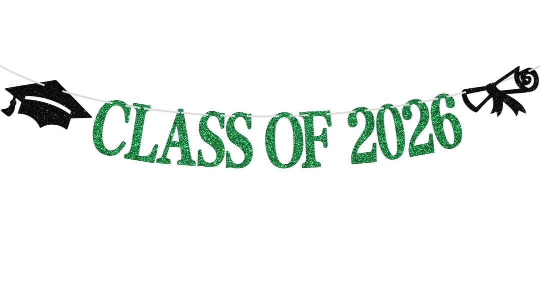Class of 2026 Banner, Congrats Grad Bunting Sign for 2026 High School College Graduation Bachelor Master Party Decorations Supplies, Black and Green Glitter
