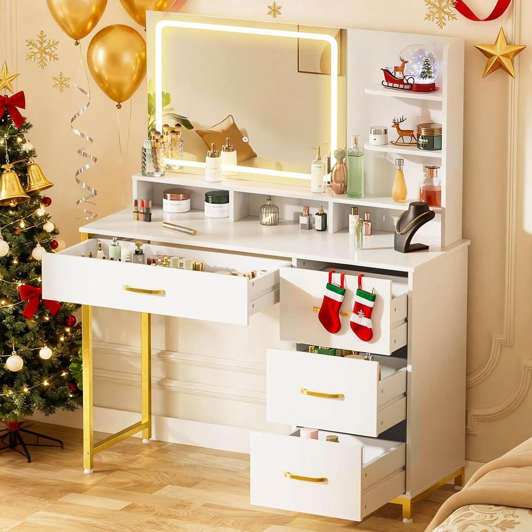 COMHOMA Vanity Desk with Mirror and Lights, Makeup Vanity Table with 4 Drawers & Storage Shelves, Large HD Mirror, 3 Color Modes & Adjustable Brightness, Modern Dressing Table for Bedroom, Pearl White