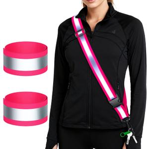 Reflective Walking Gear at Night, High Visibility Safety Reflective Sash Belt and 2-Pack Armband Set, Night Running Safety Gear for Women Men Kids (Pink)