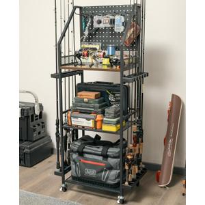 SOYEEZE Fishing Rod Holders for Garage, Fishing Pole holders, Fishing Gear Storage up to 12 Rods with Hooks and Wheels, Fishing Cart For Fishing Rod Tackle Box Reel Storage (6 hooks, Black-6 hooks)