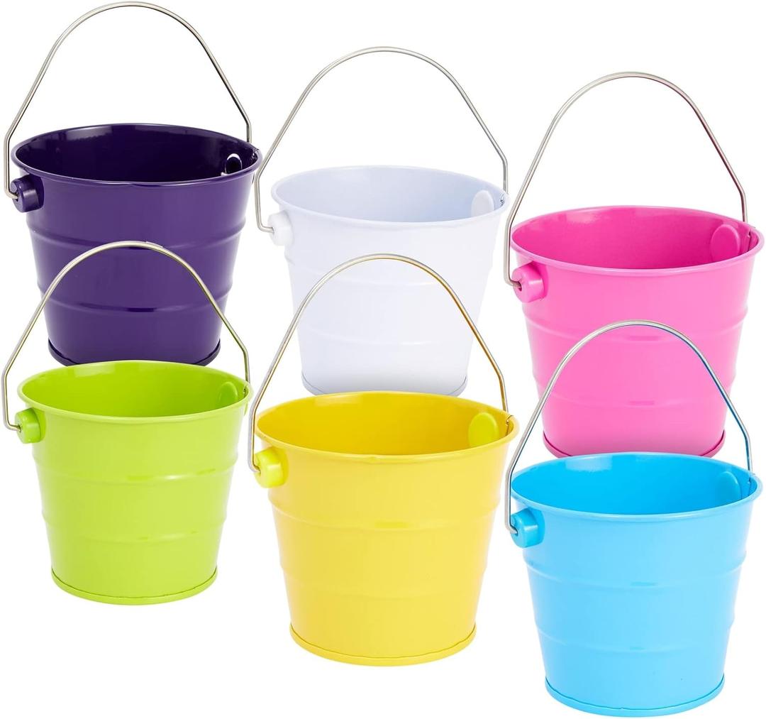 Juvale 6 Pack Mini Buckets with Handles for Kids - Small Metal Buckets for Classroom, Party Favors or Creative Crafts DIY Projects - Tin Cans for Crafts (6 Colors, 3.25 x 2.75 in)