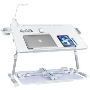 iXTRA Laptop Lap Desk with Cooling Fan - Adjustable Bed Desk with Light, Bed Table with Cup Holder&Phone Holder - Storage Drawer Desk - Folding Bed Desk,White,70x45cm