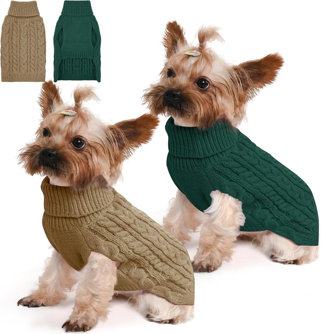 2 Pack Dog Sweaters for Small Dogs Winter Turtleneck Pullover Cable Knit Fleece Stretch Puppy Doggie Chihuahua Toy Poodle Yorkie Pomeranian Boy Girl Pet Clothes (S, Green & Brown)