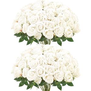 Sggvecsy 50 Pcs Artificial Roses Fake Flowers Velvet Silk Roses with Stems Bulk Realistic Faux Flowers for Bridal Bouquets Wedding Centerpieces Valentines Day DIY Home Party Decor (Ivory)