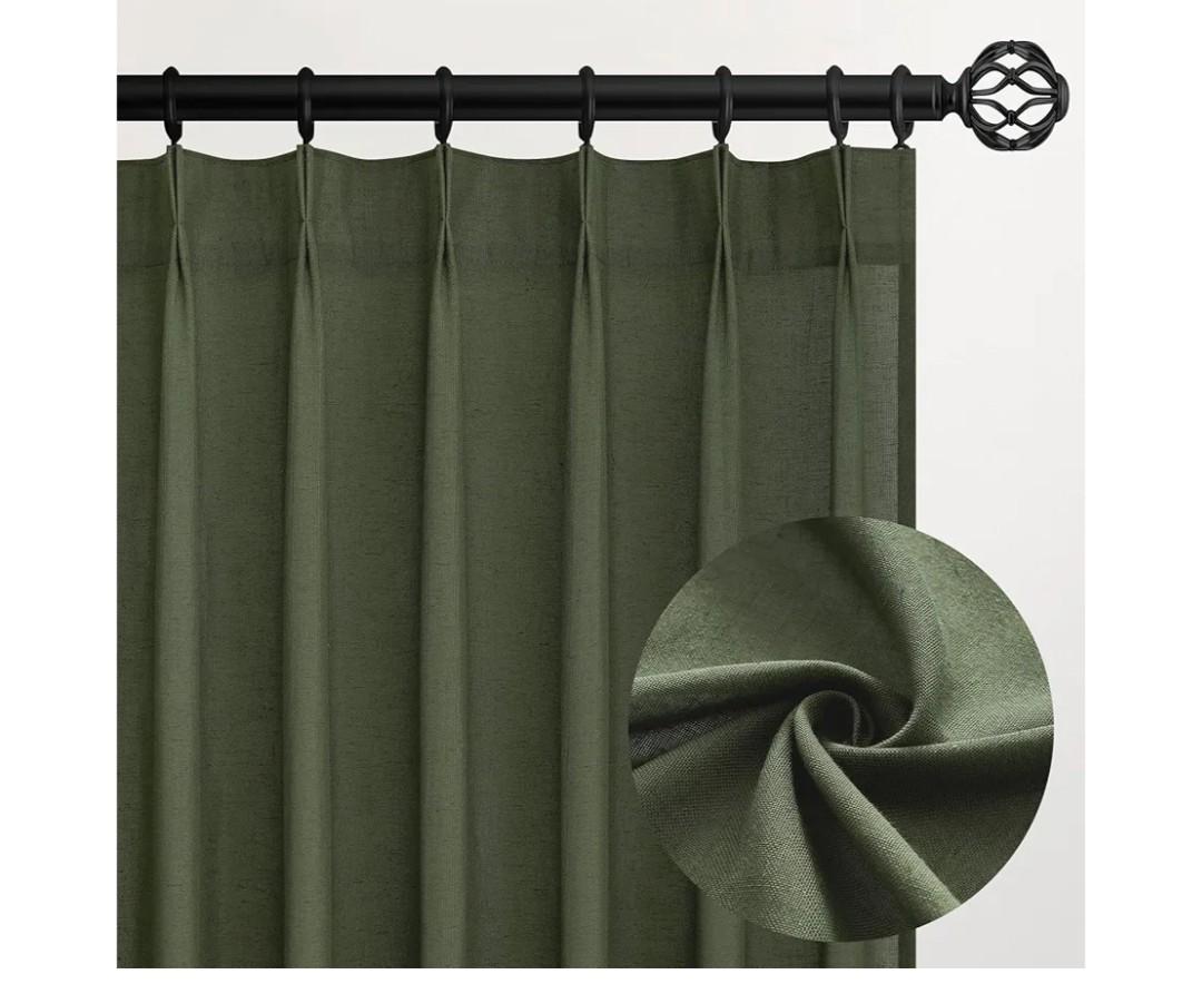 Olive Green Linen Curtains 84 Inches Long for Living Room,Pinch Pleated Drape with Hooks Back Tab Light Filtering Boho Spring Home Decor, Forest/Hunter Green Sheer Curtains 84 Inch Length for Bedroom