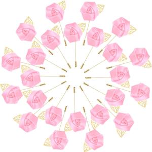 M METERXITY 48-Pack Flower Lapel Pins for Men, Golden Leaf Rose Boutonnieres Pin Groom Boutonnieres for Wedding/Dance/Party, Men Lapel Pins for Suits Satin Flower Corsage [Pink]