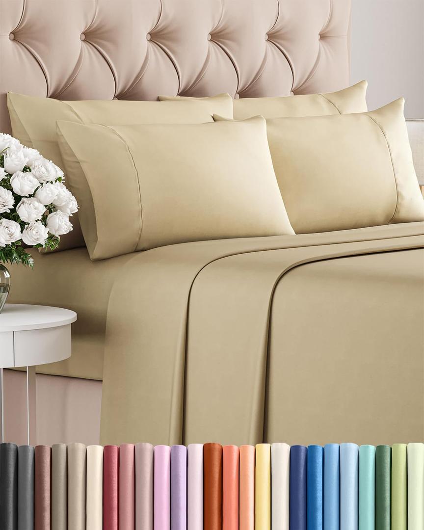 King 6 Piece Sheet Set - Comfy, Breathable & Cooling - Soft Hotel Luxury Bedding for Women, Men, Kids, Teens & Children - 1 Flat & 1 Fitted Sheet & 4 Pillowcases w/ Deep Pockets - Wrinkle Free - Beige