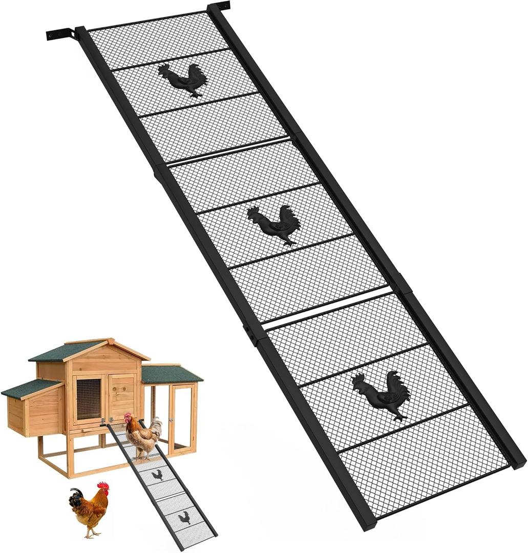 Metal Chicken Coop Ramp, Ladder Length Adjustable for Henhouse, Heavy Duty Coop Ramp for Feet Problem or Cannot Fly Chickens, Waterproof, Non-Slip, Rustproof, Sturdy and Easy to Clean (38.98*11 inch)