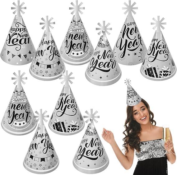 HOWAF 12pcs Happy New Year Party Hats, 2026 Silver New Year's Eve Party Decoration Cone Hats,2026 Black Silver Happy New Year's Eve Party Favors Top Hats,Cheers to the New Year Paper Hats Photo Props