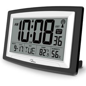 WallarGe Atomic Clock with Indoor Temperature and Humidity, 12.5 Inch Self-Setting Digital Wall Clock or Desk Clock, Battery Operated Digital Clock Large Display for Seniors, Auto DST