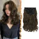 BARSDAR Wavy Clip-in Hair Extensions - 12 Inch Brown, 6PCs Full Head Thick Soft Synthetic Clip-in Hairpieces for Daily Party Halloween - Chestnut Brown
