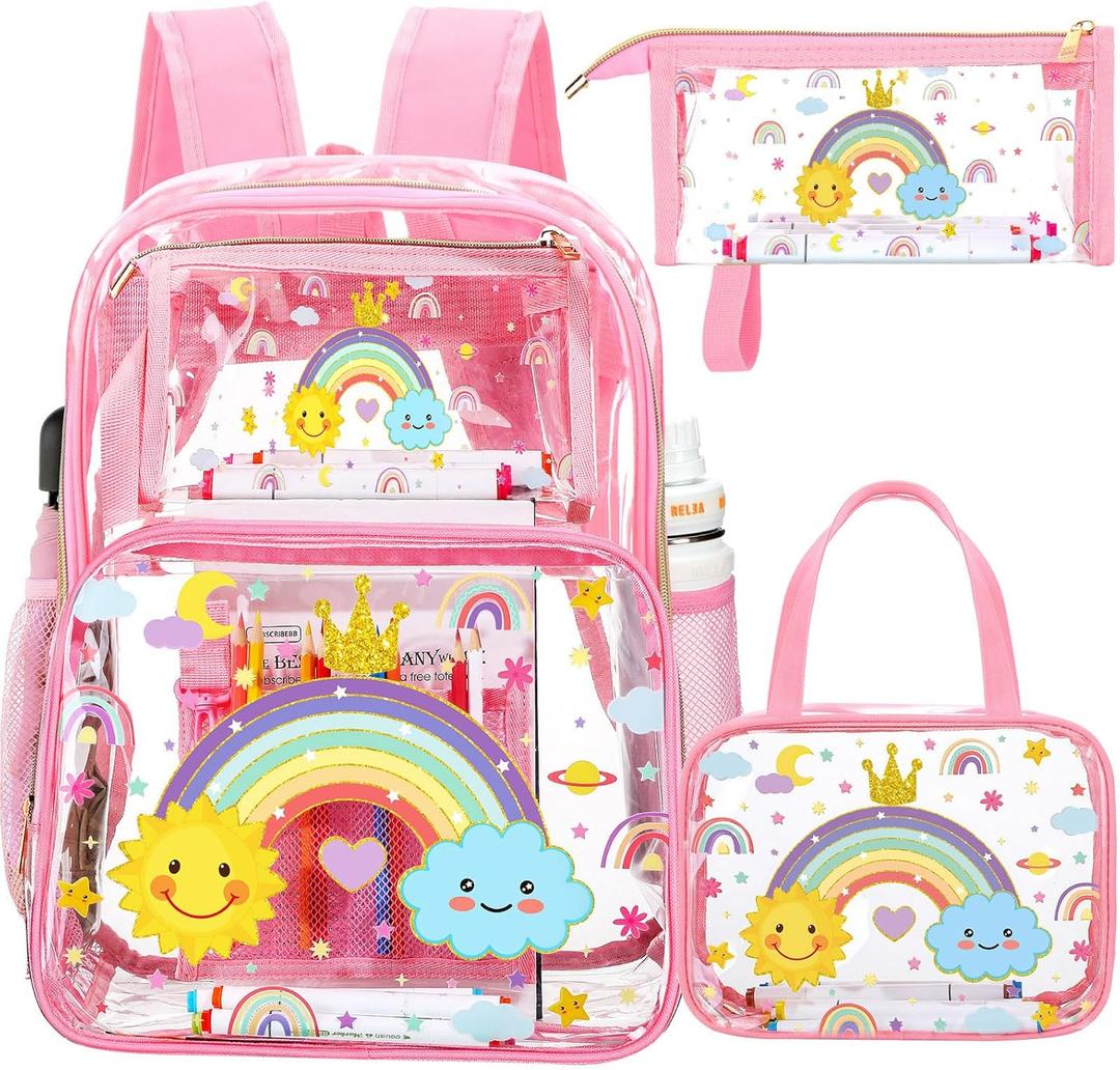 Kacctyen 3 Pcs Clear Backpack Heavy Duty Clear Bookbag Transparent Backpack with Lunch Bag(Light Pink,Rainbow)