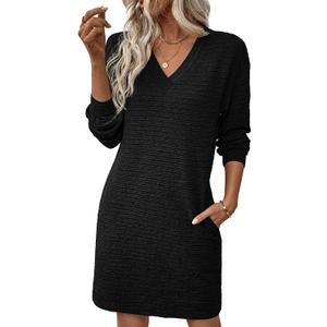 EVALESS Womens Fall Dresses 2026 Long Sleeve V Neck Casual Dress Textured Loose Fit Shift Mini Dress with Pockets (Black, L)