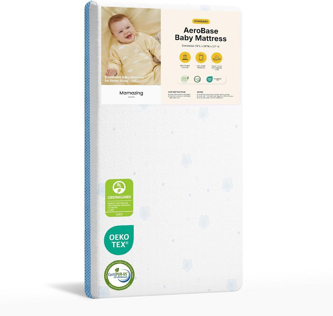 MAMAZING Aerobase Baby Crib and Toddler Mattress 52" L x 28" W, 2-Stage Breathable Mattress, Non-Toxic, Waterproof Liner, Machine-Washable Cover, Fits Standard Baby Crib & Toddler Bed