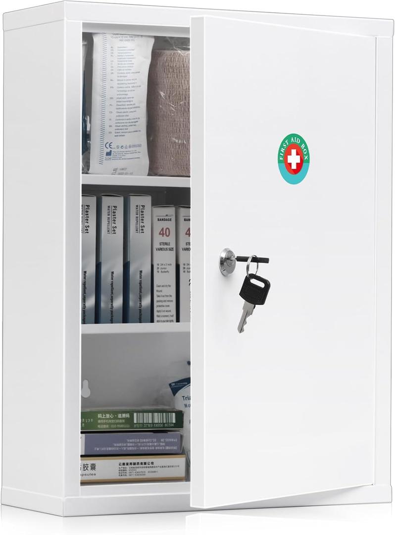 KYODOLED Wall Mount Locking Medicine Cabinet, Large Capacity First Aid Cabinet for Bathroom, Medicine Cabinet with Key, Secure Steel Lock Box for Medication, 15.75" H x 11.82" W x 4.72" D, White