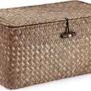 Hipiwe Wicker Shelf Baskets Bin with Lid, Handwoven Seagrass Basket Storage Bins Rectangular Household Basket Boxes for Shelf Wardrobe Home Organizer, Coffee Medium