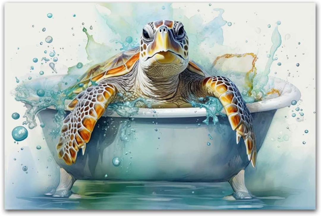 CHAOSETKEN Sea Turtle Bathroom Wall Decor Funny Sea Turtle in Bathtub Wall Art Ocean Animal Picture Prints Coastal Theme Canvas Unframed (12.00" x 18.00")