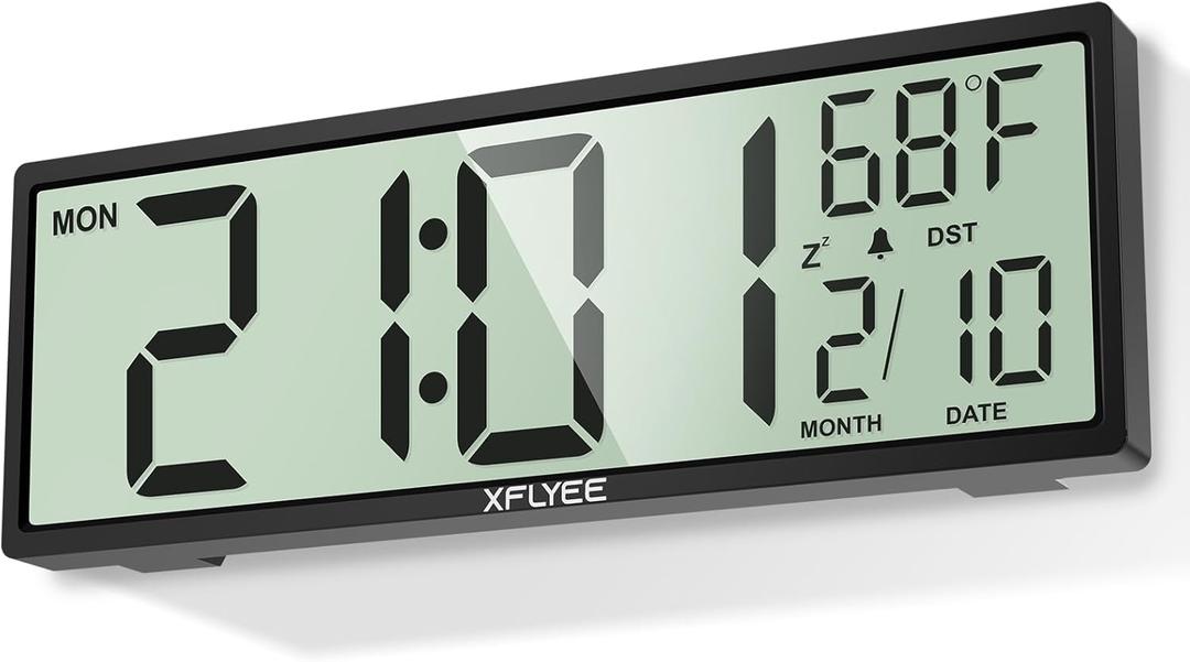 14.5'' Large Digital Wall Clock Battery Operated with Jumbo Numbers, Auto DST, Day, Date, Alarm, Temperature for Living Room, Bedroom, Desk Decor, Gift, LCD Screen Display Easy to Read and Set (Black)