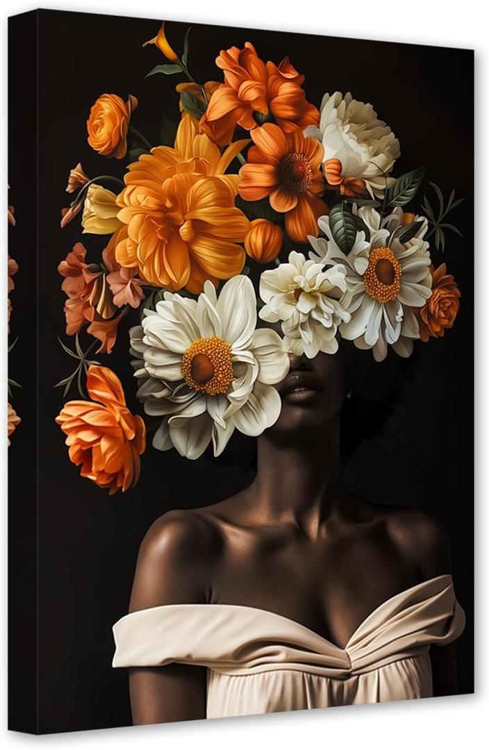 SWQYLB African American Wall Art African Black Girl Picture Abstract Flower on Black Women Head Canvas Prints Vintage Artwork for Girl Room Decor Framed (Orange, 12.00" x 18.00")