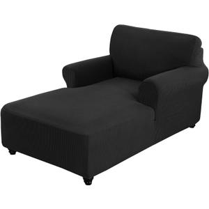 Chaise Cover, Fitted Sofa Slipcover for Chaise with Double Arm, Stretch Chair Slip Cover, Cushion Protector Furniture Protector (Black, Small Checks)