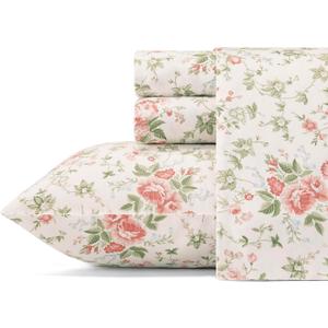 Laura Ashley - Queen Sheet Set, Buttery-Soft Bed Sheets with a Naturally Silky Smooth Cotton Sateen Lightweight Feel - Matching Pillowcases & Fitted Sheet (Lilian Coral)
